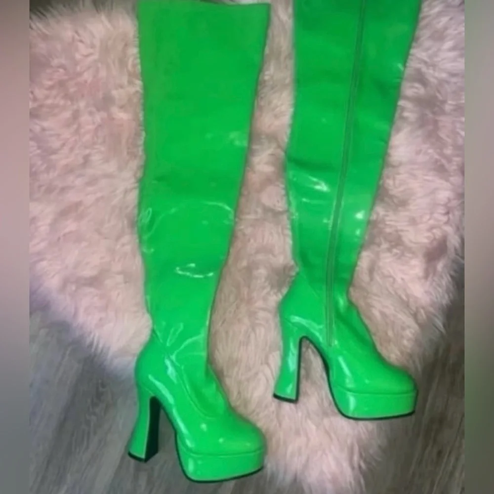 Dolls Kill Green Platform Thigh-High Boots Pleather Neon Lime 80s Disco Chunky - Picture 3 of 6
